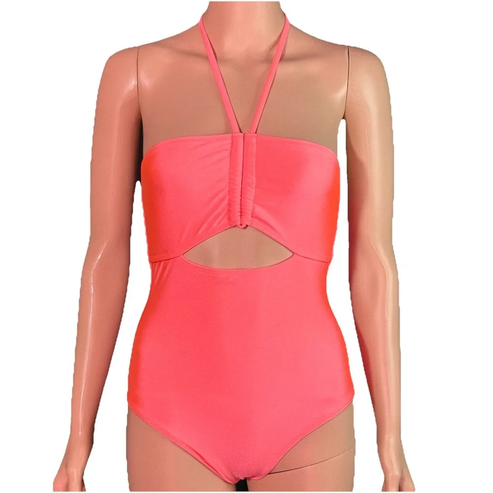 One-Piece Girls Coral Pink Swimsuit Halter Neck Tie-Back String Size L (10-12)